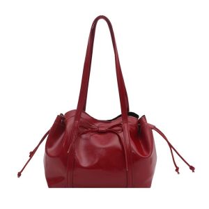 JVKISX Solid Color Texture Tote Bag ic Button Ribbon Bow PU Shoulder Bag Portable Waterproof Lady Underarm Pouch Women
