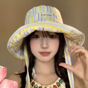 HEFEI Colorful Striped Bucket Hat Lace-up Large Brim Fisherman Hat Fresh Literary Sun Protection Summer Cap Women