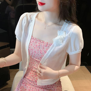 Impression Fashion Women Elegant Korean Plain 3D Floral Chiffon Short Sleeve Short Sun-protective Shawl Cardigan