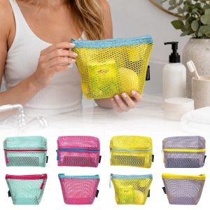 LUSIT Mesh Mesh Cosmetic Bag Nylon Portable Cosmetic Storage Bag Candy Color Zipper Closure Cosmetic Pouch Bag Multifunction Storage