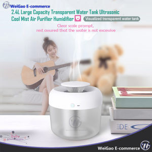 2.4L Large Capacity Transparent Water Tank Ultrasonic Cool Mist Air Purifier Humidifier

