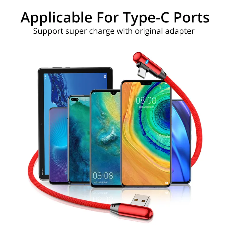 90 Degree Led light USB Charger Cable For Micro Usb Type C 2.4A Fast Charging L Type Micro USB Type C Gaming Charging Cable For Huawei Samsung