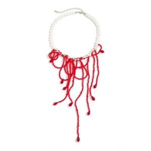 MUKANG Tassel Blood Drop Necklace Red Multilayer Halloween Choker Retro Imitation Pearl Gothic Jewelry Women
