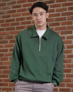BLUEBUTTON Sweatshirt Half Zip Hoodie Sweater Jaket Pria French Terry 380 GSM