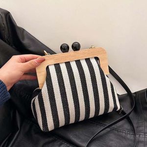Striped Design Wooden Frame Bag Detachable Strap Double Beads Kiss Lock Pouch Soft Structure Lightweight Canvas Purse