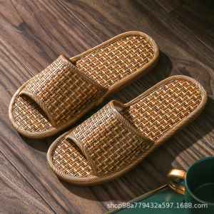 Linen Woven Rattan And Bamboo Slippers For Summer Couples Thick-Soled Indoor Floor Slippers