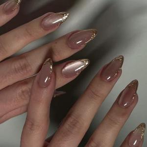 Hạnh nhân Báo Chí trên móng tay Mèo Mắt Móng Giả glitters thiết kế bọc hoàn toàn keo trên móng tay bóng móng tay Acrylic Móng Giả