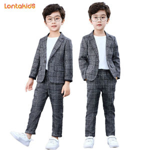 lontakids 2-14 Years Kids Boys Plaid Suit Gray Blazer Pants Set Formal Attire Wedding Birthday Party Suit Kids Piano Performance Gentleman Outfit