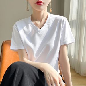 Summer V-neck 100% Cotton Short-Sleeved T-Shirt Womens Loose Mercerized Cotton Half-Sleeve Bottoming Shirt White High-end Top2026