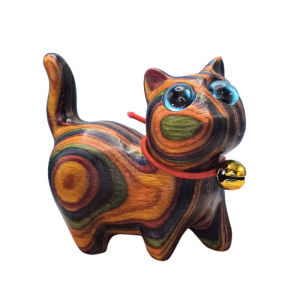 Wood Cat Statue Carved Wooden Cat Statue Rainbow Cat Ornament Home Decor Sculpture For Bookcase Bedroom Living Room Table Cute