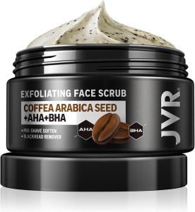JVR Face Scrub for Men Facial Scrub for Deep Exfoliating Cleansing Blackheads Ingrown Hair Pre-shave Soften Organic Formulated with Coffee Extract AHA and BHA Face Exfoliator (4.23 oz)