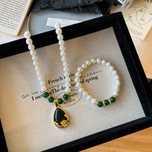 New Chinese Style Pearl Necklace with Mountain and Water Green Pendant Wealthy Gift for Mom Necklace and Bracelet Set