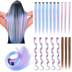 PENTU ไฮไลท์เน้น ส่วนขยายที่มีสีสัน แฟชั่นสำหรับผู้หญิง สายรุ้งสีรุ้ง ชิ้นผมหยักยาวตรง อุปกรณ์เสริมผม ผ้าโพกศีรษะปาร์ตี้ เส้นผมคลิป ผู้หญิง/เด็ก