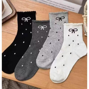 5Pairs Women Ribbon Bow Polka Dots Socks Lolita JK Korean Style Long Socks Casual Socks Cotton Socks
