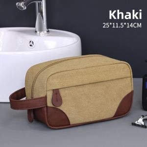 Mens Canvas PU Patchwork Toiletry Bag Retro Travel Handheld Large Capacity Cosmetic Pouch