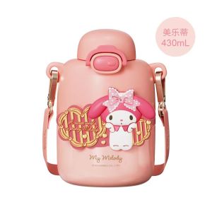 (SG Seller) Sanrio Kuromi Melody Children Water Bottle Straw Thermos Bottle 316 Stainless Steel School Student Hot Water Cup Shoulder Strap Crossbody Vacuum Coffee Cup Girl Gift