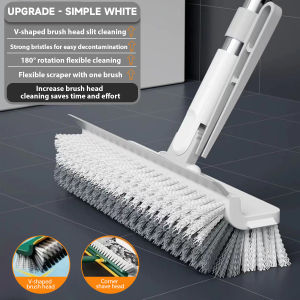 Floor Scrub Brush 2 in 1 Floor Brush Bathroom Brush Rotatable V-Shape Floor Tile Cleaning Brush for Indoor & Outdoor Use Long Handle Grout Brush Scrape Stiff Bristle Cleaning Scrub Brush with Squeegee and Hair Tweezer 90°Rotating Tile Brush