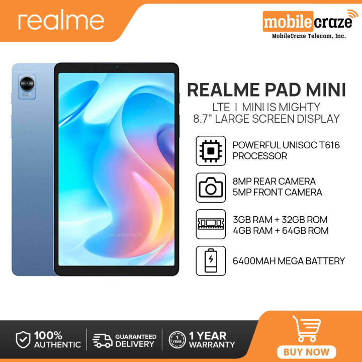 Realme Pad Mini Tablet, LTE / WIFI, 3GB/4GB RAM+32GB/64GB ROM, 8.7”  Large LCD Screen Display, 6400mAh Mega Battery with 18W Quick Charge, Powerful Unisoc T616 Octa-core Processor
