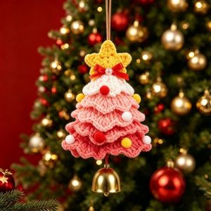 ROBERTA Handmade Christmas Tree Pendant Wool Yarn Plush Christmas Hanging Ornament Plush Jingle Bell Crochet Christmas Tree Christmas Party