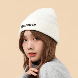 NAJIA Sweet Retro Crochet Hip Hop Solid Colors Letter Embroidery Korean Style Hat Knitting Beanie Women Skullies Hat Fashion Design