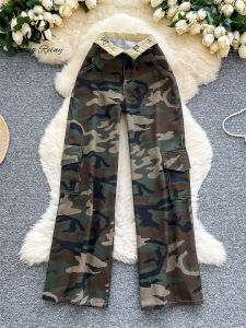SINGREINY Camouflage Printed Wide Leg Pants women 2025 Autumn Workwear Style Casual Britches Straight Leg Denim Vintage Trousers2026