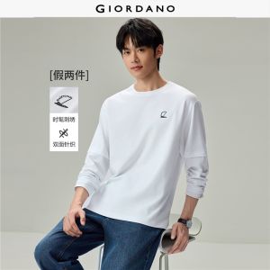 Giordano Beau Monde Men Fake two-piece embroidery long sleeve tee Free Shipping 13026605