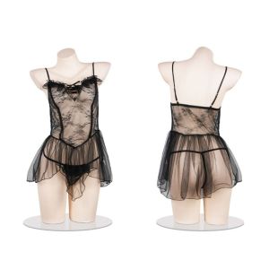 YUIDD Đường viền Váy ngủ ren trong suốt Đường viền không đều Cổ V Váy ngủ dây đeo Ngọt ngào Trong suốt Đầm ngủ lưới ren Phụ nữ