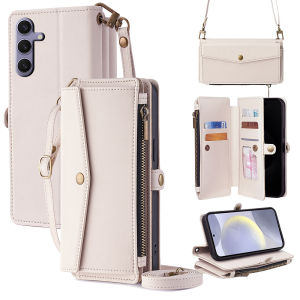 for Samsung Galaxy S25 S24 S23 Ultra FE Plus Edge 5G Wallet Case with 2 Straps Flip Cover Multifunction Bag with Cards Pocket