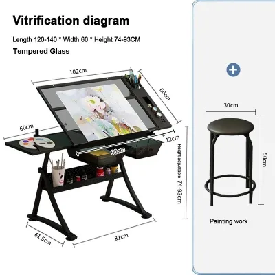 BENBO Drawing glass table lift drawing table leather ottoman + extra side table drawers