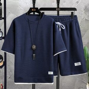 Summer Short Sleeve t Mens casual sportswear set featuring a waffle-knit two-piece style loose fit and short sleeves T T-shirt and shorts set