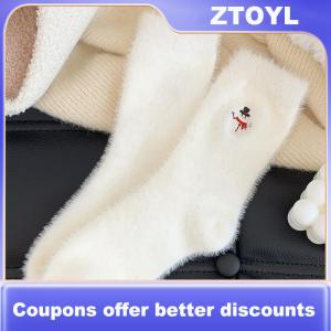 【ZTOYL】 White Faux Mink Fur Socks Christmas Tree Snowman Santa Claus Embroidery Socks For Winter Warm Thicken Plush Floor Socks Gift