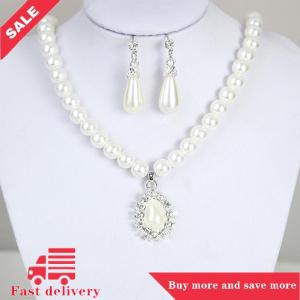 [COD] Elegant Pearl Crystal Drop Earrings Chain Necklace Wedding Party Jewelry Set