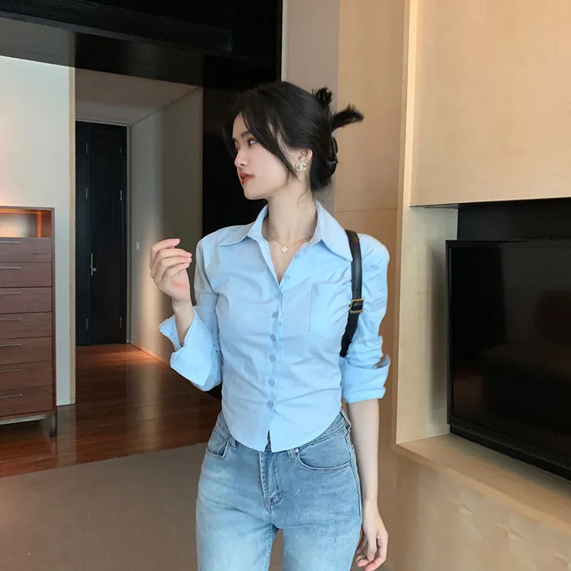 Long Sleeve Fitted Polo Shirts Ladies Solid Color Long Sleeve Shirt