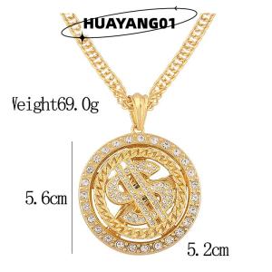 HUAYANG01 [2023 new HOT FASHION] Big Rotatable US Dollar Money Sign Pendant Necklace Men Rapper Hip Hop
