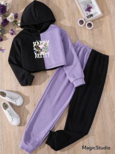 Pakaian Baju Remaja Setelan Crop Hoodie 2 Tone Kombinasi Dan Celana Jogger Good Luck Pretty Butterfly