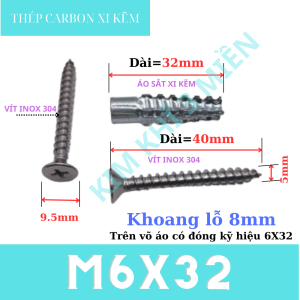 Hộp 25 bộ vít inox 304 áo răng cưa sắt xi kẽm M6x32 ( Vít nở đóng tường/ Tắc kê nở )