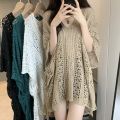 Somi RTW V-neck Side Drawstring Hollow Out Crochet Cover Up Oversize Knitted Beach Top M1328. 