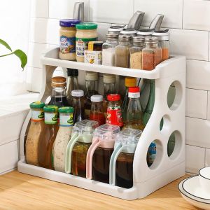 Dudumart Double Layer Kitchen Shelf Seasoning Floor Plastic Knives Condiment and Dishes Rack