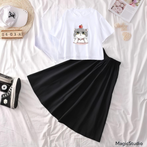 Setelan Baju Crop Oversized Dan Rok Panjang Big Size Cute Motif