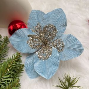MAKERVY 1PC 20cm Poinsettia Artificial Flowers Flannel Glitter Sequin Christmas Fake Flowers Photography Props Magnolia Flowers Xmas Year Decor