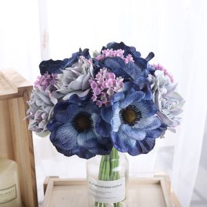 6 Head Artificial Silk Bouquet European Poppy Peony Gypsophila for Wedding Party Birthday Living Room Decor Christmas