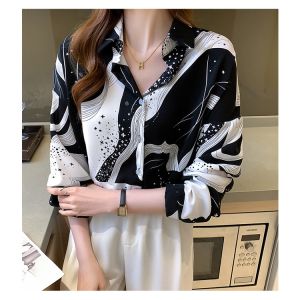 Kualitas Tinggi Garis-garis Hitam Putih Kemeja Wanita Lengan Panjang Fashion Atasan Kasual Jalanan Korea