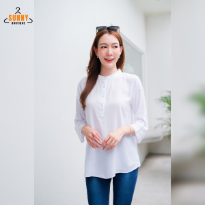 SunnyBoutique เสื้อเชิ้ตคอจีน ผู้หญิง ผ้าสปัน แขน3ส่วน กระดุมครึ่ง อก40"-46" ใส่สบาย ไม่ร้อน