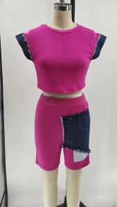 Bộ thời trang denim vá CM.YAYA cho phụ nữ áo phông không tay và quần short bộ 2 món năng động đường phố 2025