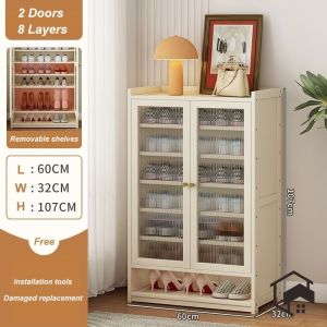 🔥Ready Stock🔥Bamboo Shoe Cabinet Cream Dustproof Shoe Rack Multi-Layer Acrylic Door Shoe Cabinet Large Capacity
