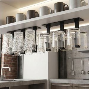 LINSBAYWU Plastic Under Cabinet Cup Rack Punch Free 6 Hooks Hanging Glass Holder Multi-functional Space Saving Wine Glass Rack for Kitchen