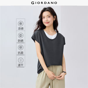 GIORDANO Women T-Shirts Ice Cooling Antibiosis Summer Tee Fake 2-Piece Crewneck Short Sleeve Fashion Casual Tshirts 05325444