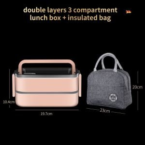 Portable insulated lunch box made of 304 stainless steel leak proof double-layer and triple partition
