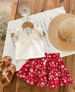 BB..Chic Floral Print & White Cotton Blend Girls Summer Set with Ruffle Top & Skirt
