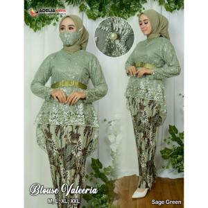 Setelan kebaya blouse valeeria - model aurora tulle - kebaya modern - outfit kekinian - pakaian bahan tulle bordir mutiara kombinasi ikat pinggang saten - baju kondangan pesta wisuda akad nikah